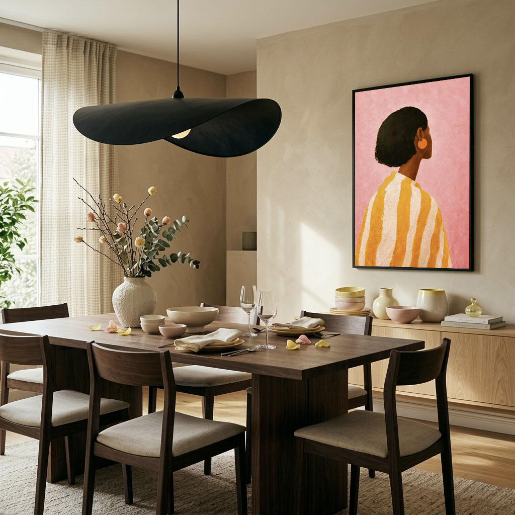 Black woman fashion poster with orange stripes displayed in a modern dining room
