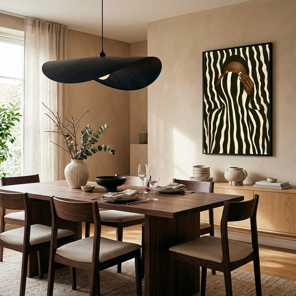 Optical Illusion Abstract Wall Art: Black Woman Neutral Striped Poster