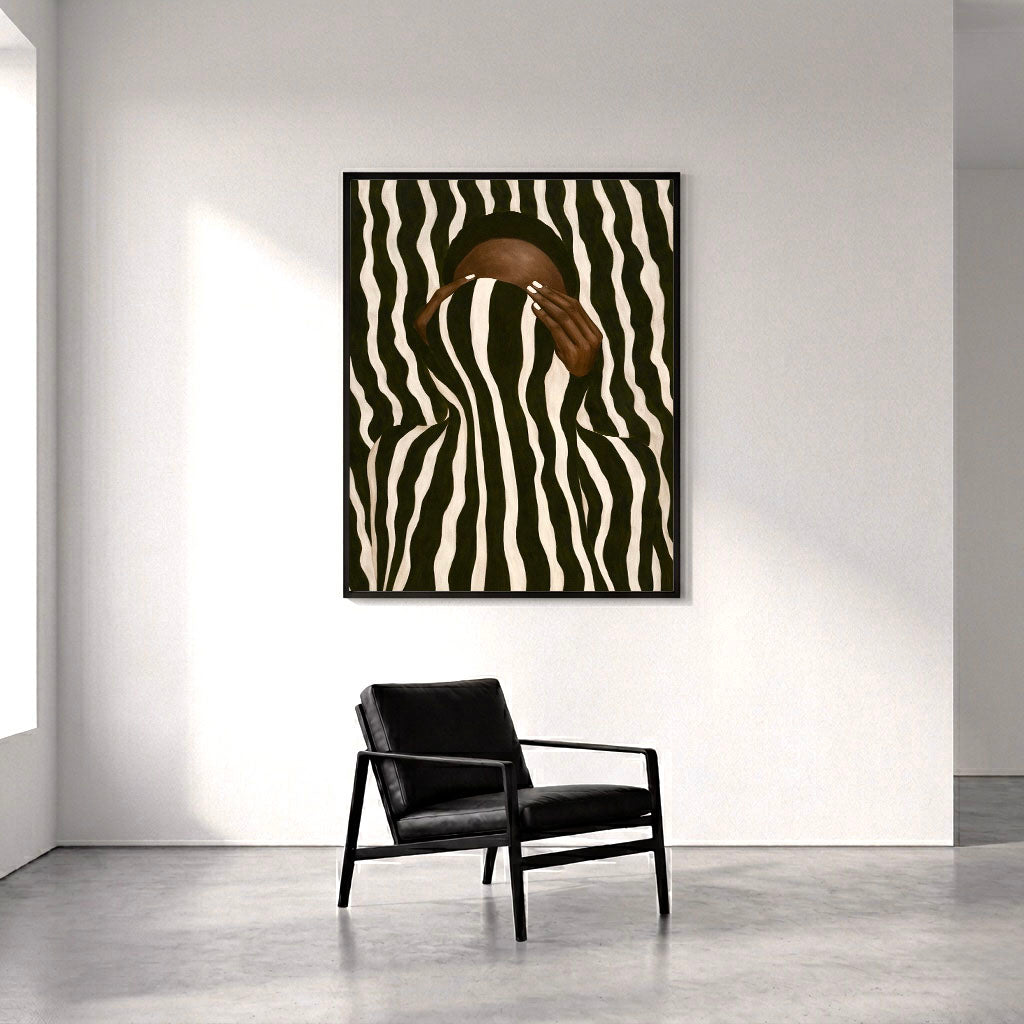 Optical Illusion Abstract Wall Art: Black Woman Neutral Striped Poster