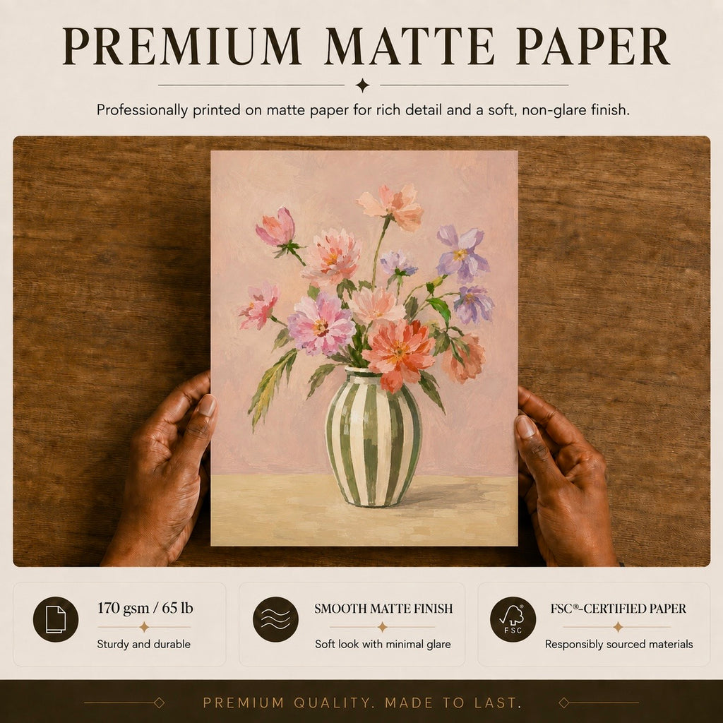 Premium matte paper details for a pink floral art print featuring wildflowers in a striped vase