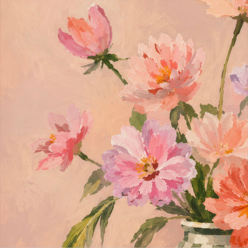 Close-up detail of painted pink wildflowers and green stems against a soft blush background