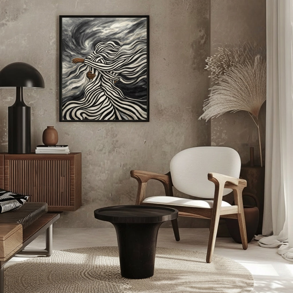 Afrocentric-striped-painting-in-minimalist-living-room