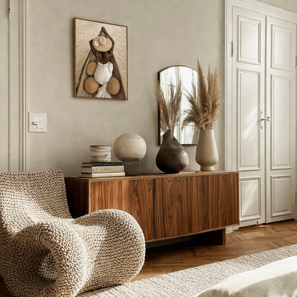Black female portrait artwork with wooden boat composition