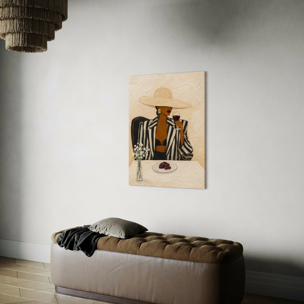 Contemporary Black woman wall art styled in a minimalist interior, highlighting modern fashion portrait artwork with neutral colors. 