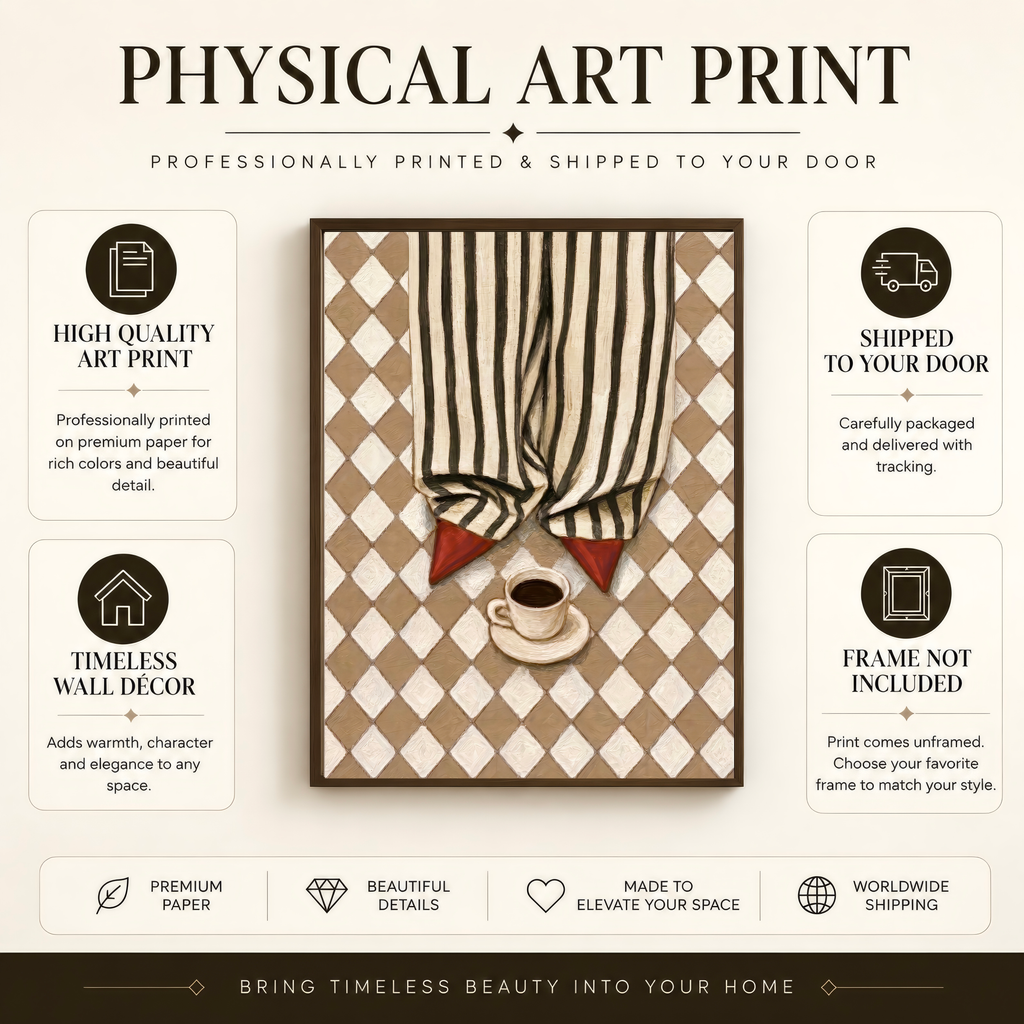 Physical art print details for the striped trousers poster, including premium quality, rolled shipping and unframed presentation