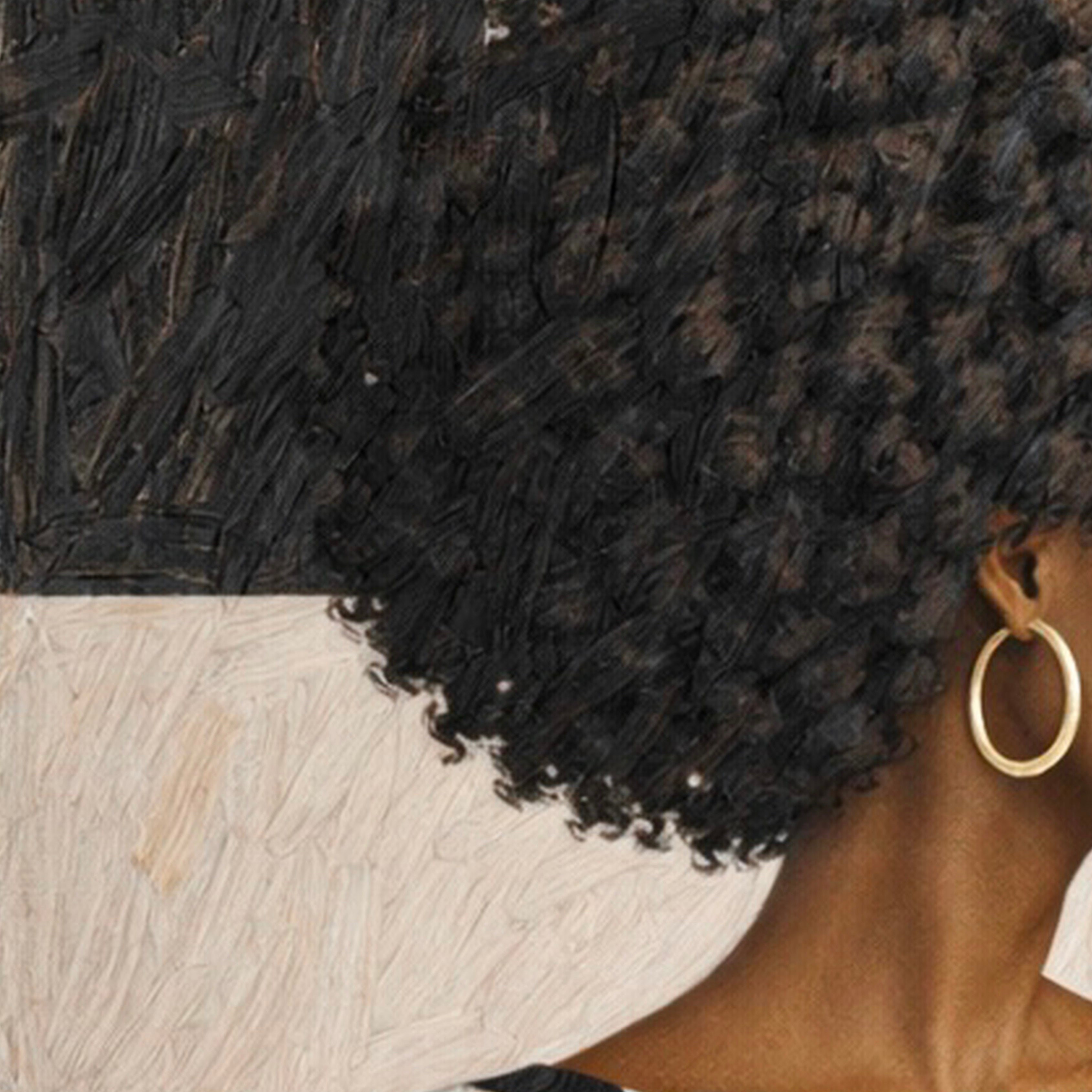 Close-up detail of an abstract fashion portrait showing textured brush strokes, flowing stripes, and modern figurative elements.