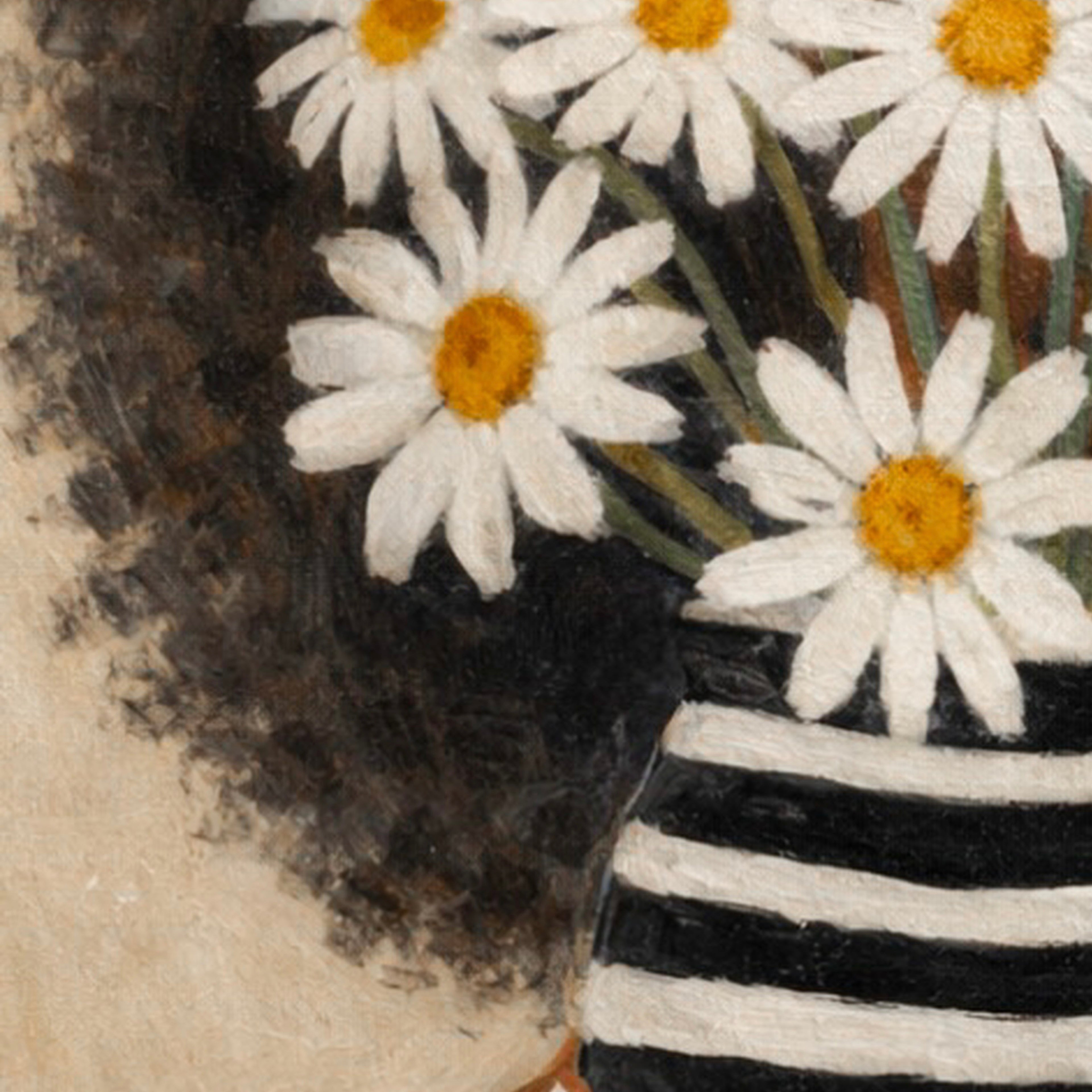 Close-up detail of a modern Black woman artwork highlighting white flowers in a striped vase, textured brushstrokes, and symbolic portrait elements.