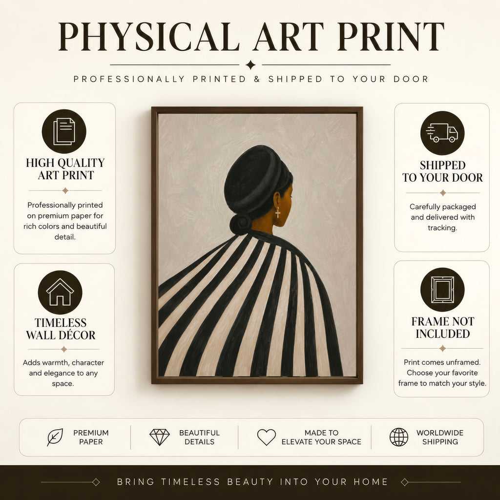 Physical Black woman art print details including premium matte paper, available sizes and unframed finish