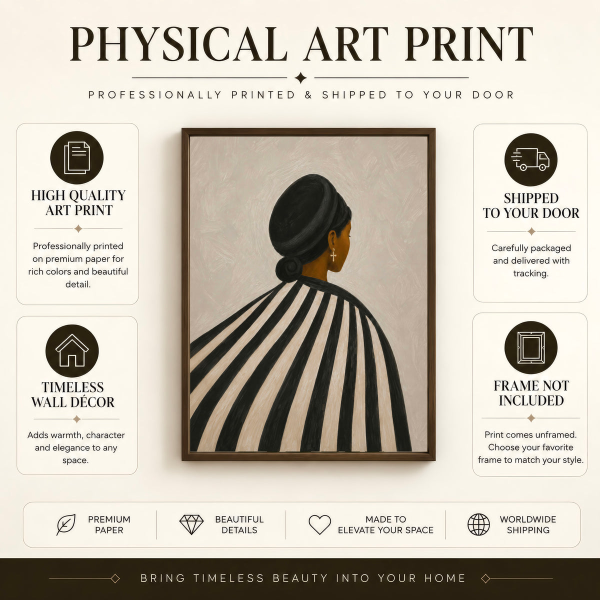 Physical Black woman art print details including premium matte paper, available sizes and unframed finish