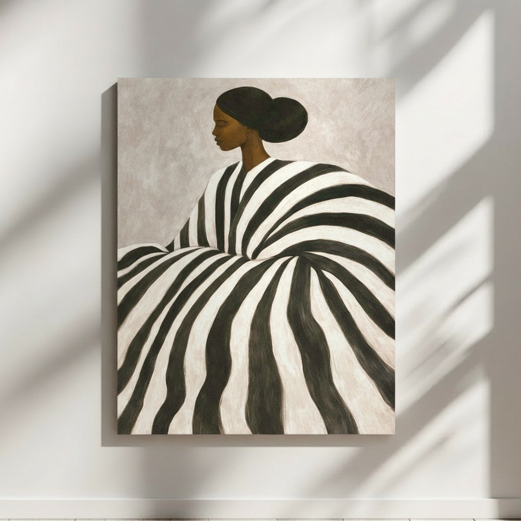Afrocentric black woman art print with bold black and white striped portrait on a neutral wall