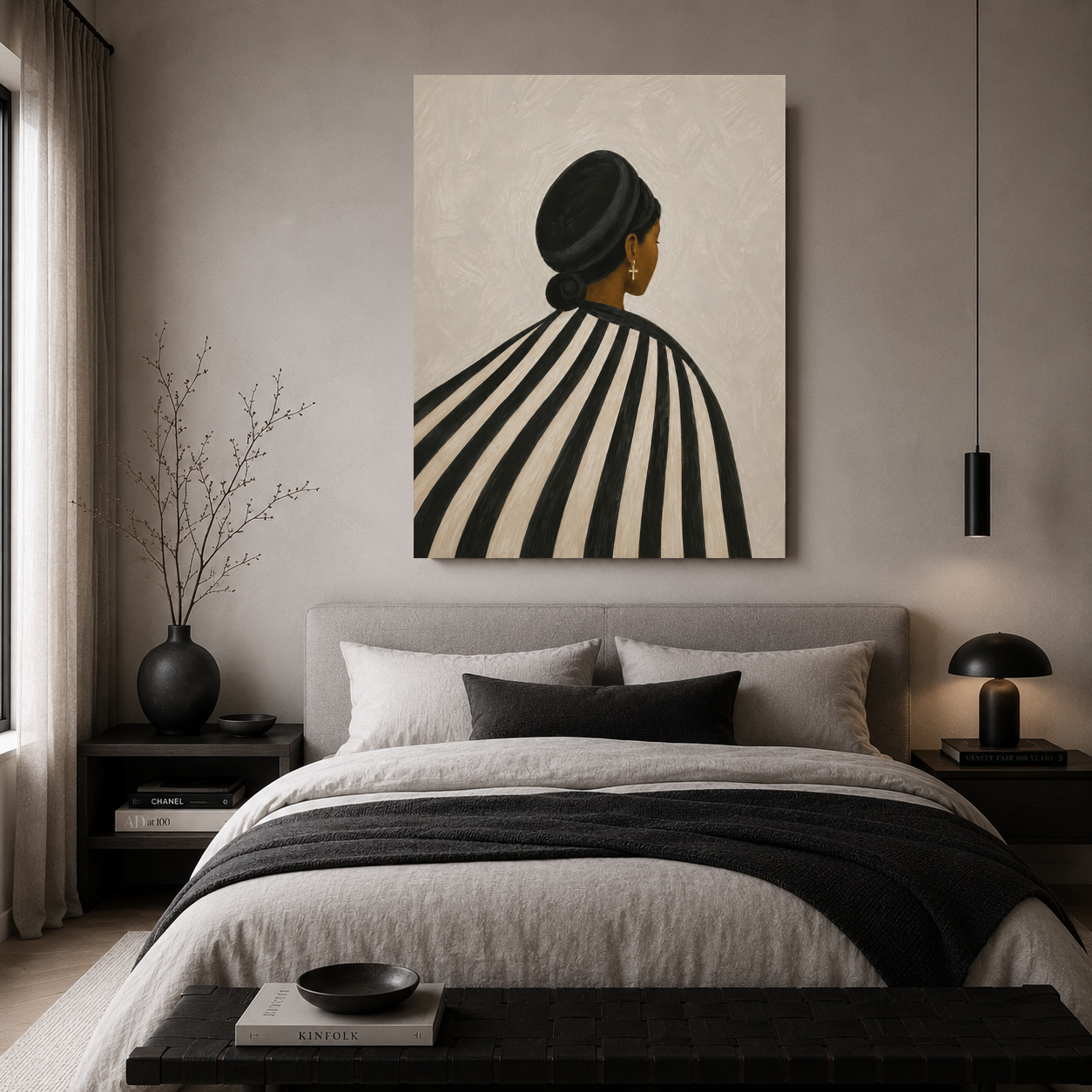 Black Woman Canvas Wall Art – Afrocentric Striped Portrait