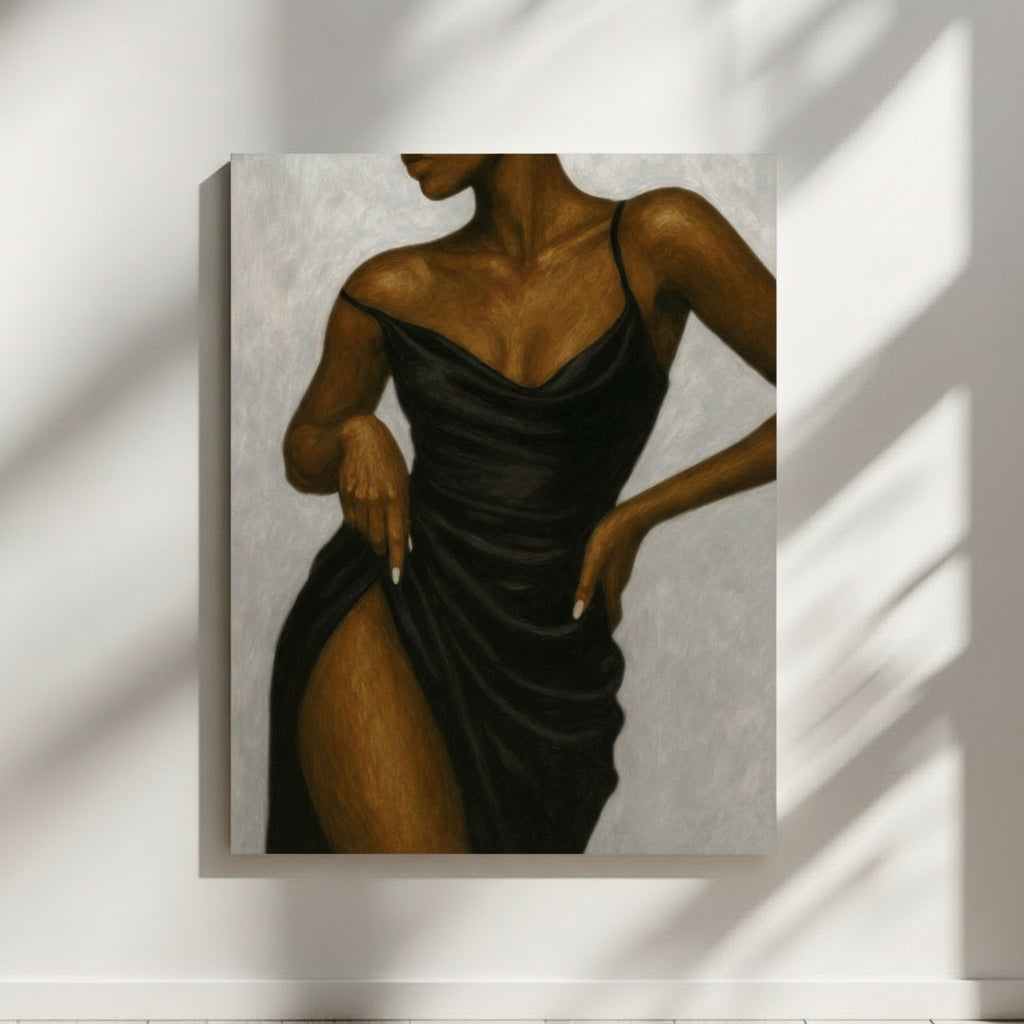 Afrocentric fashion wall art print of a confident Black woman in a black mini dress