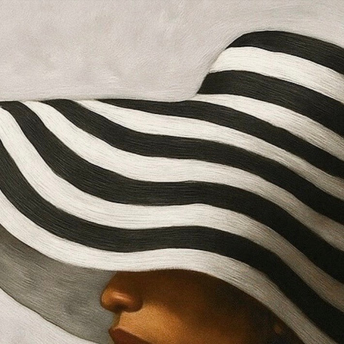 Close-up detail of an Afrocentric graphic portrait artwork highlighting a striped hat, soft profile, and refined expression.