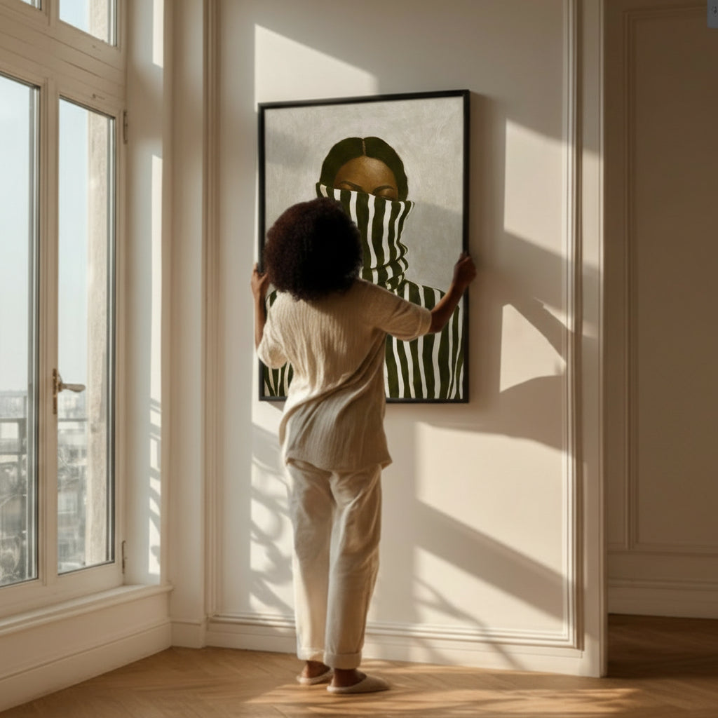 Afrocentric black woman wall art displayed in a bright interior with natural light