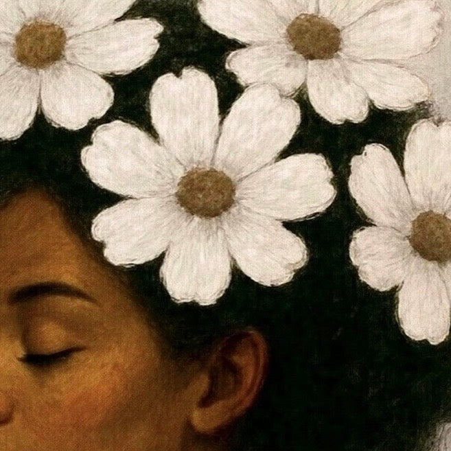 Close-up detail of an Afrocentric portrait artwork highlighting white flowers, natural hair, and gentle expression.