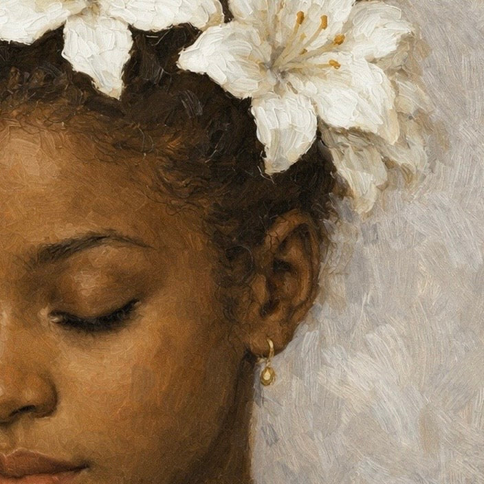 Close-up detail of floral crown in Presence portrait