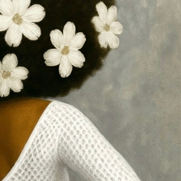 Close‑up detail of white flowers in afro hair on black woman wall art poster.