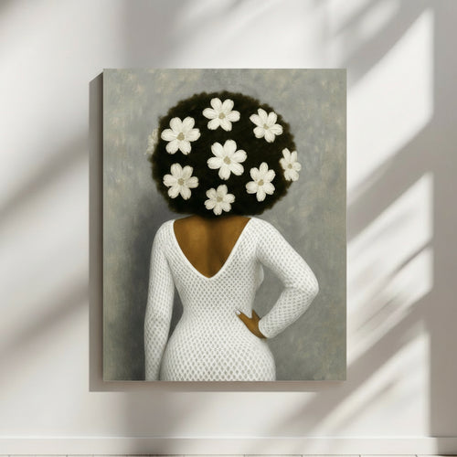 Black woman wall art print with flowers in afro hair and white dress on gray background.
