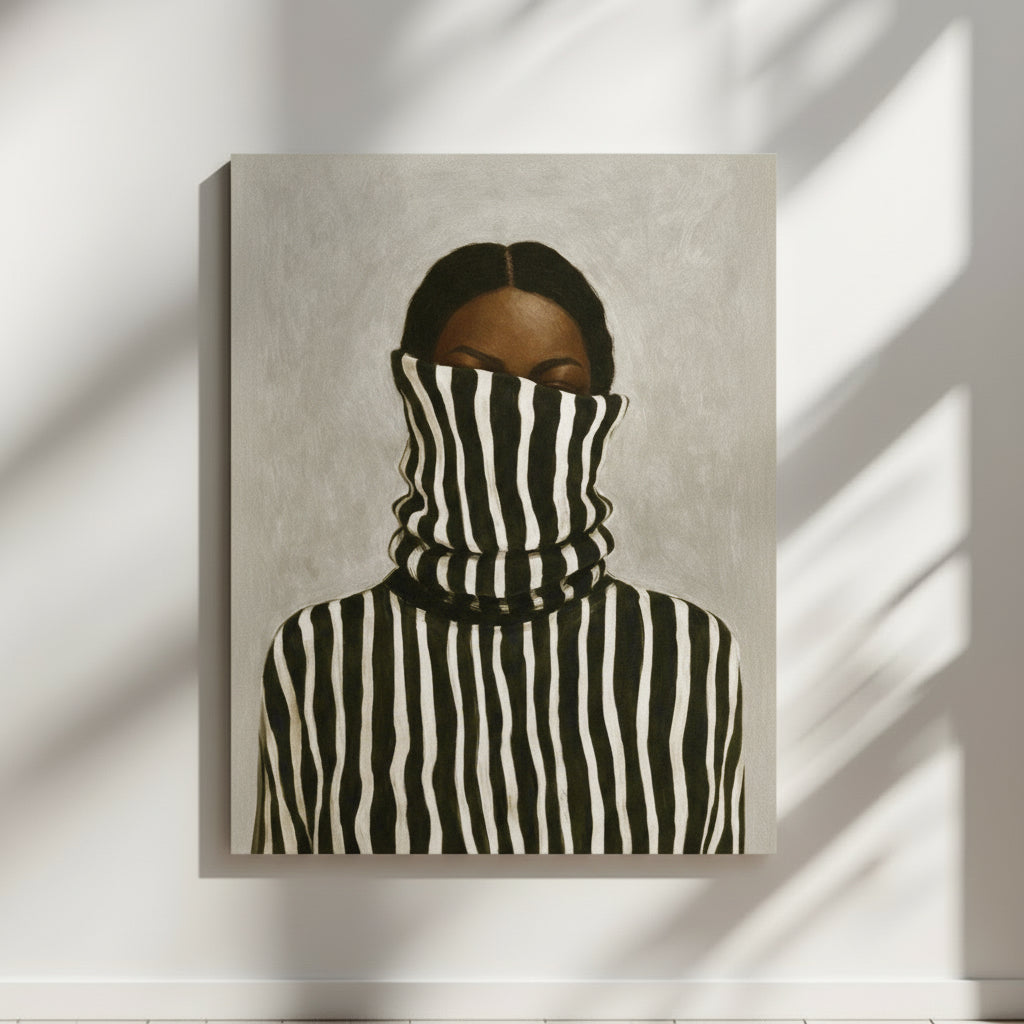 Black woman art print featuring a portrait with a black and white striped garment covering the face