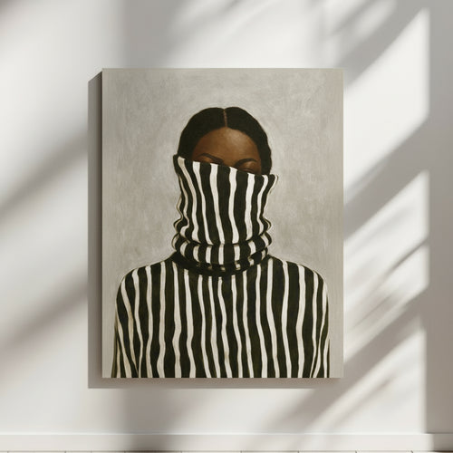 Black woman art print featuring a portrait with a black and white striped garment covering the face