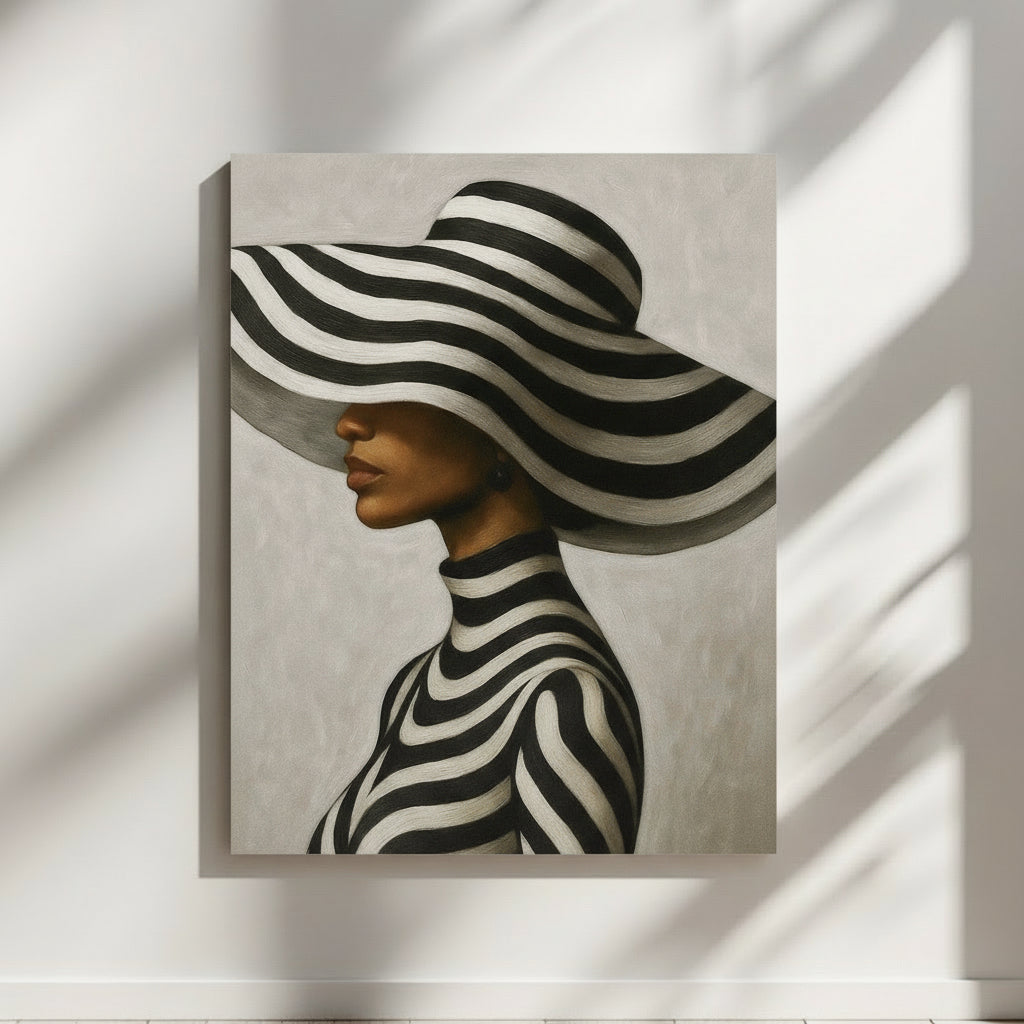 Afrocentric portrait wall art print featuring an elegant Black woman wearing a sculptural striped hat, expressing focus and quiet presence.