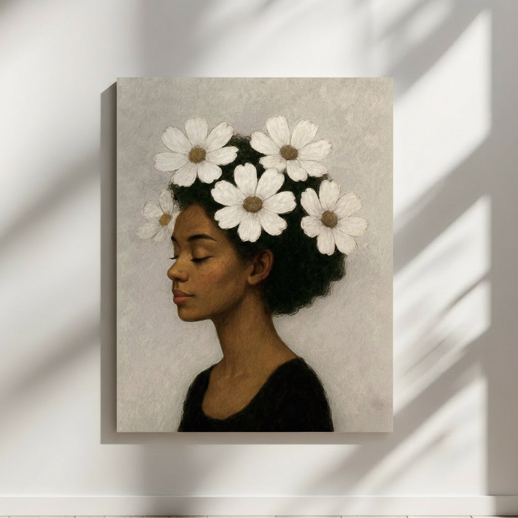Afrocentric portrait wall art print featuring a Black woman with white flowers in her hair. 