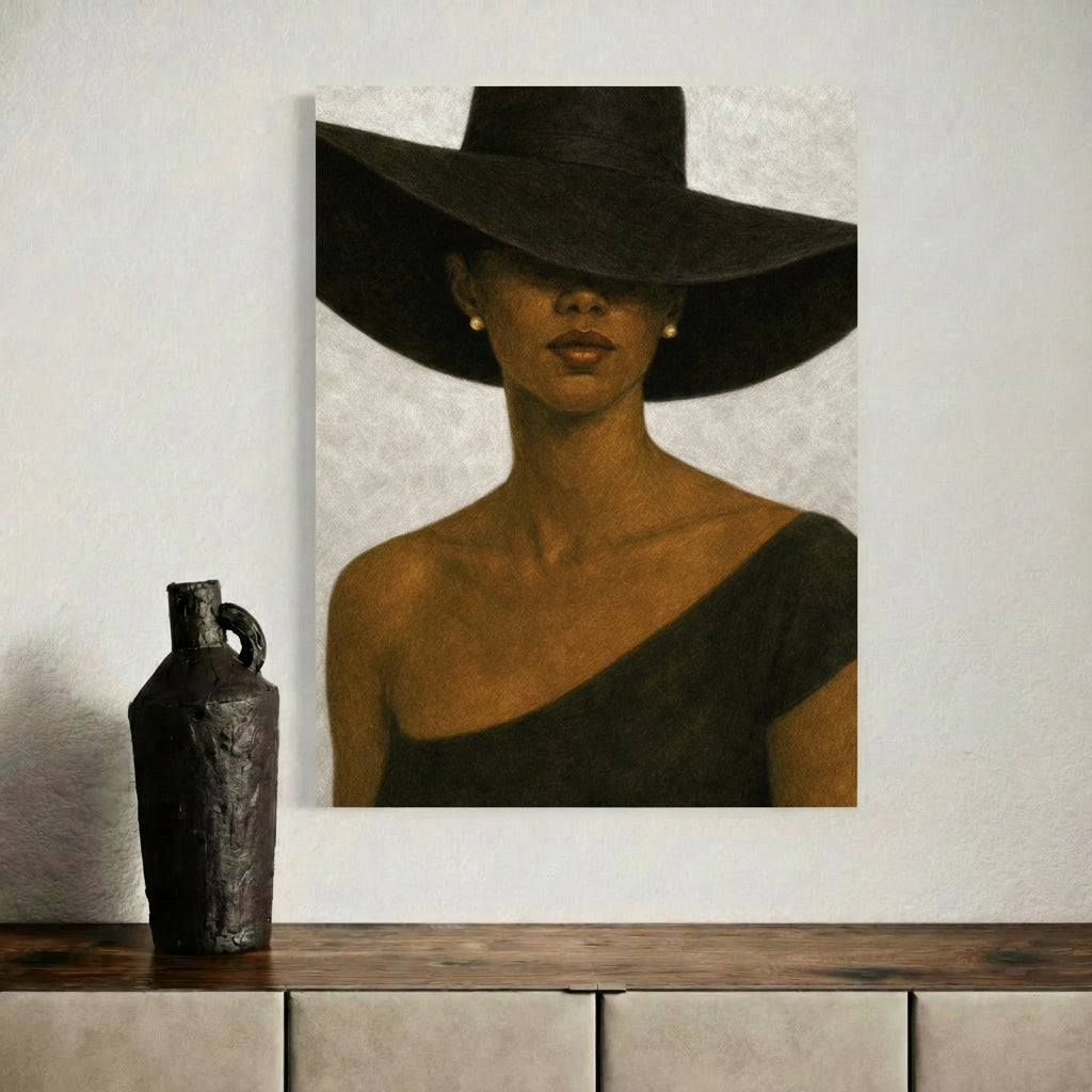 Black woman art print of an elegant portrait with a black wide-brim hat