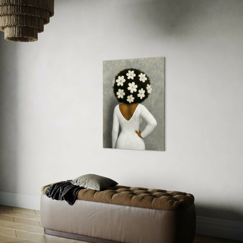 Flowers in afro hair art print hanging in a modern living room interior.