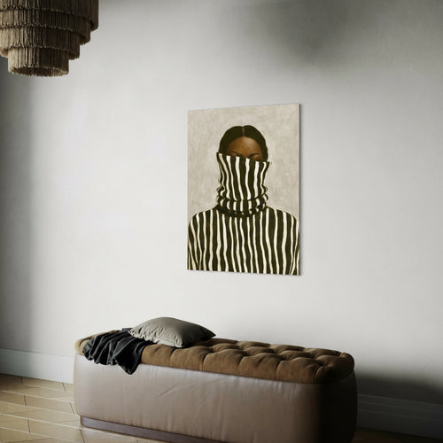 Striped Afrocentric portrait wall art displayed above a bench in a modern living room
