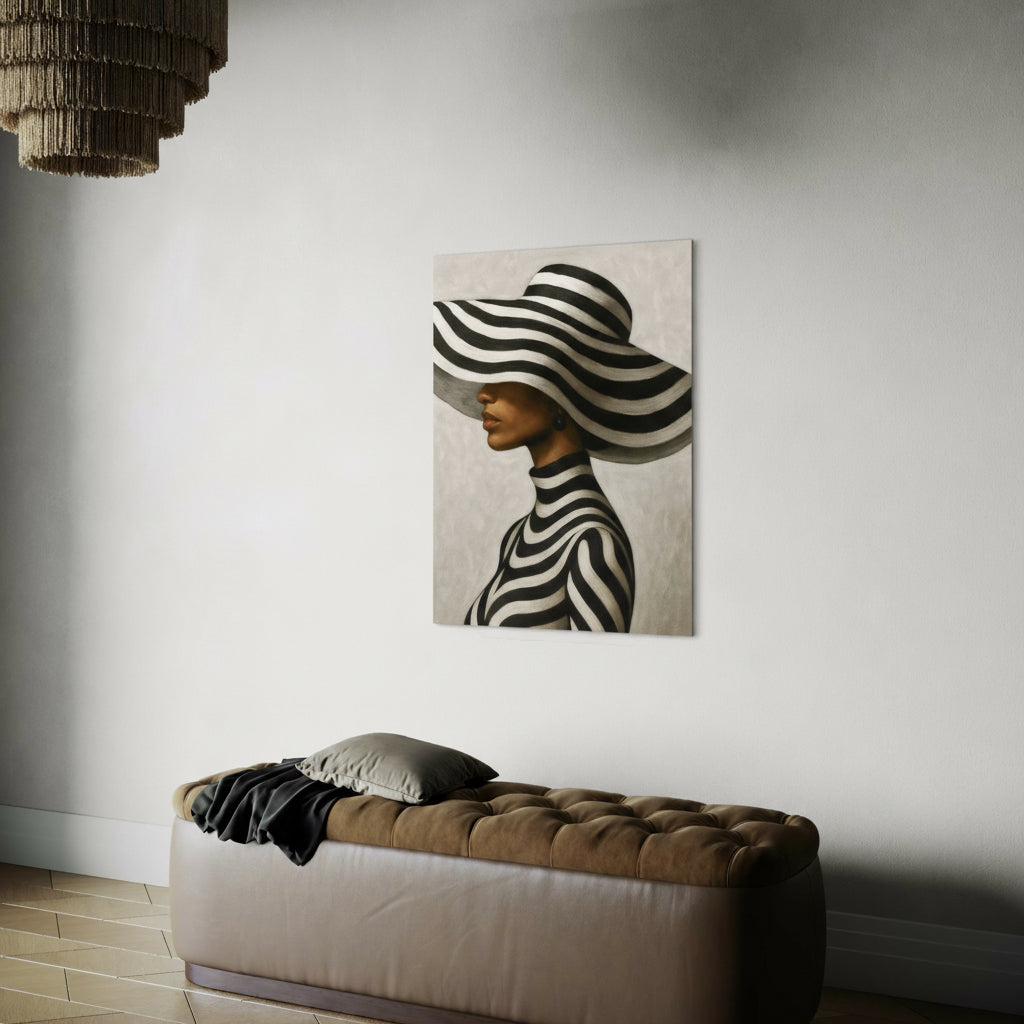 Afrocentric portrait wall art print displayed in a modern interior, featuring an elegant Black woman artwork with graphic striped elements.