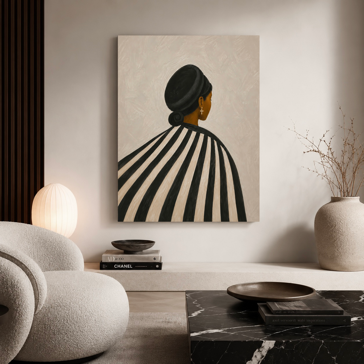 Black Woman Canvas Wall Art – Afrocentric Striped Portrait