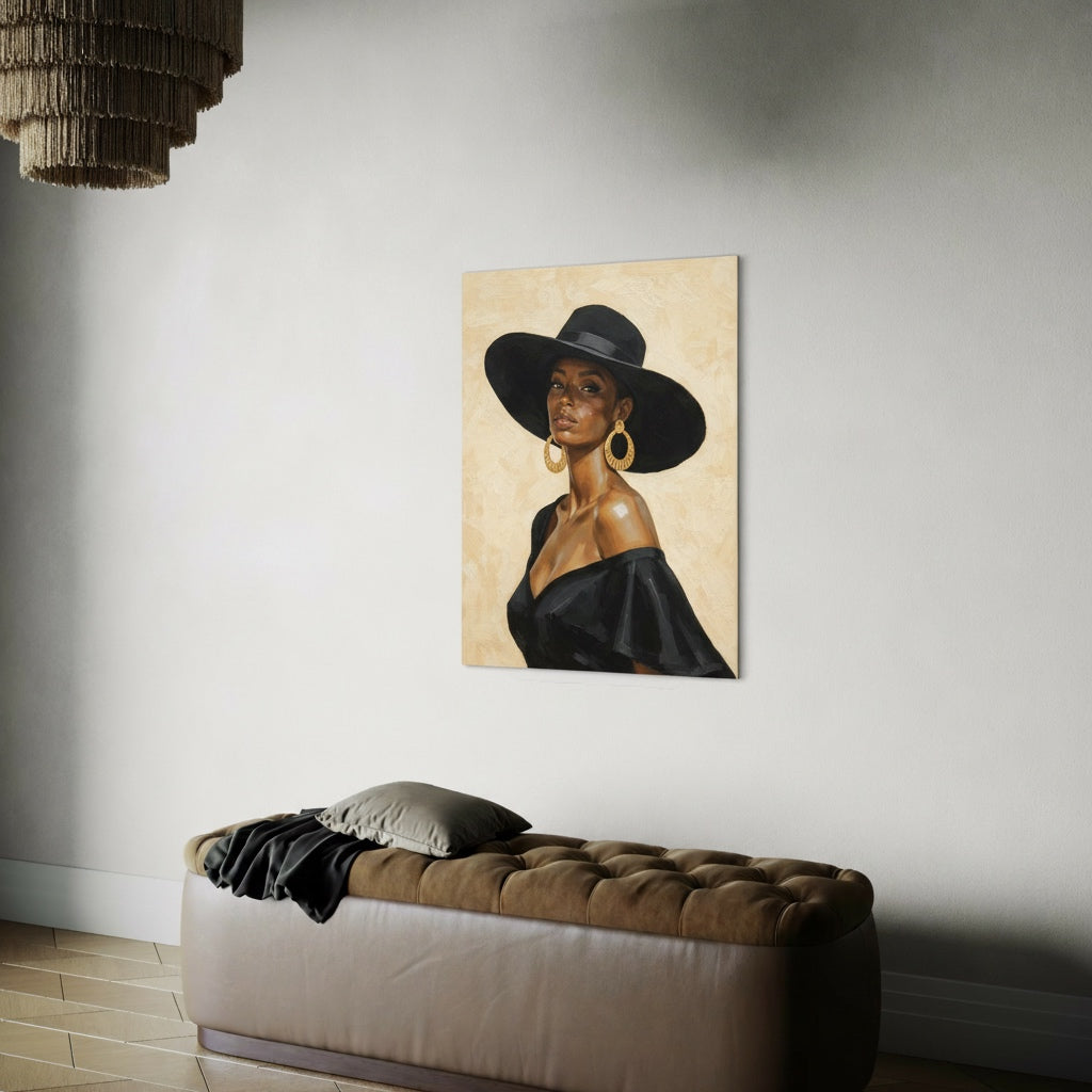 Black woman portrait wall art shown in a modern living room interior above a bench.