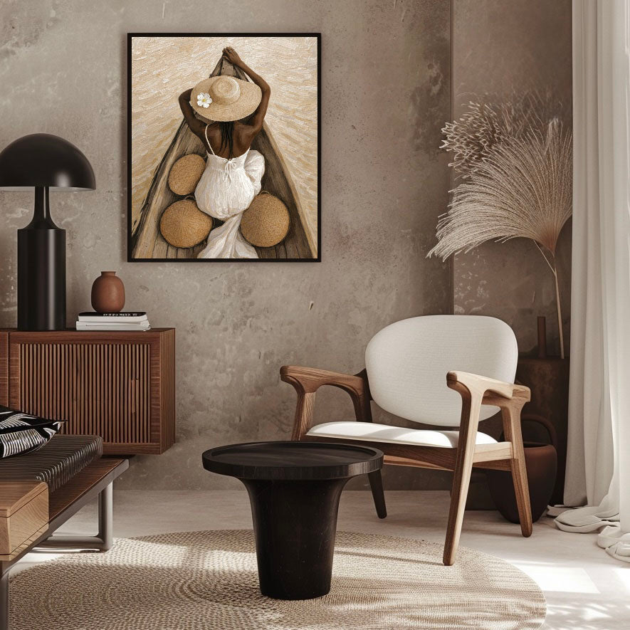 Contemporary coastal wall decor featuring Afro woman in boat