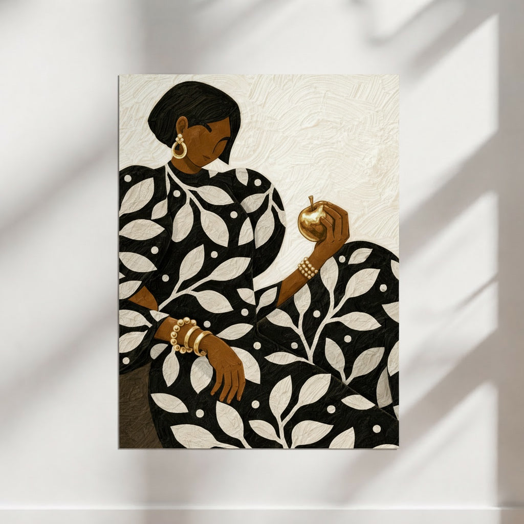 Modern wall art print of a seated Black woman wearing a flowing  black-and-white botanical patterned outfit in a contemporary interior.