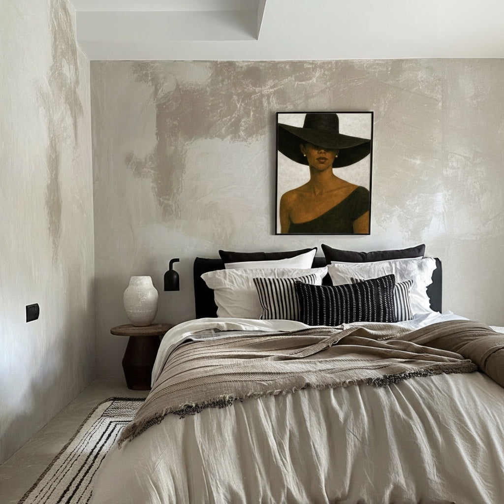 Black woman art print styled as bedroom afrocentric wall decor