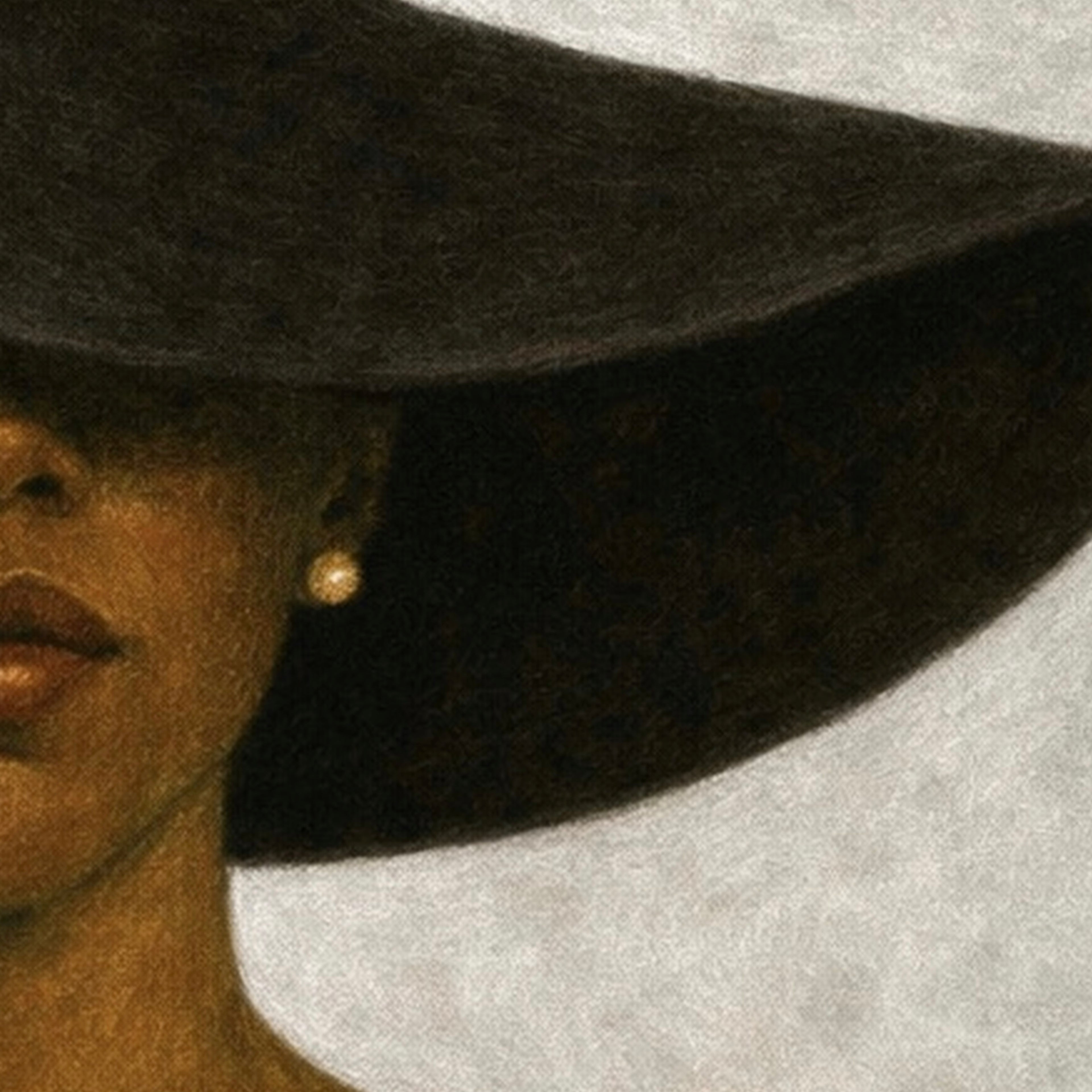 Close-up detail of a black woman Art Print with wide black brim hat 