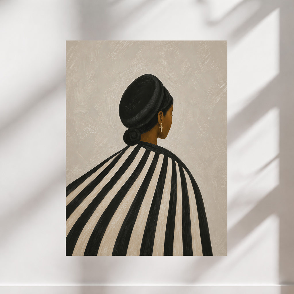 Black and white striped fashion poster of a black female