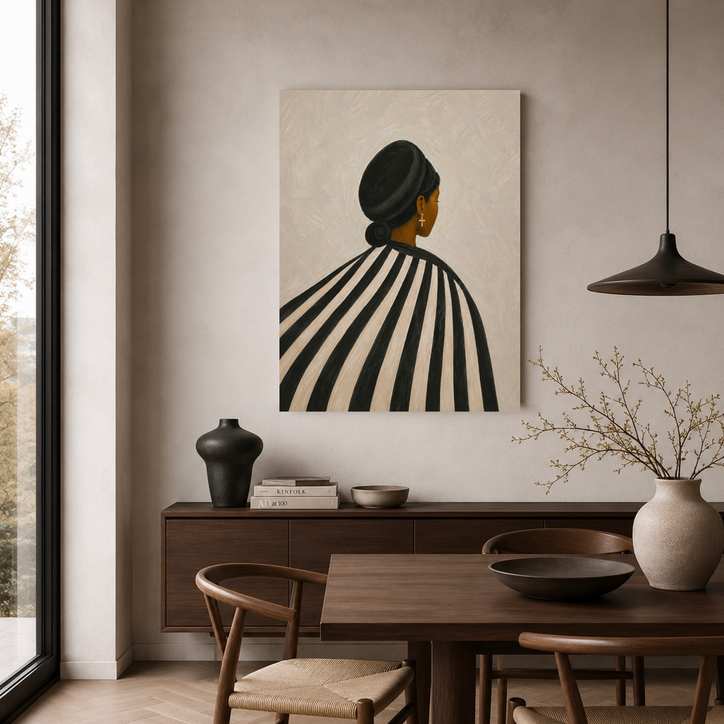 Black Woman Canvas Wall Art – Afrocentric Striped Portrait
