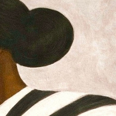 Close-up detail of a black woman portrait artwork showing flowing black and white striped fabric