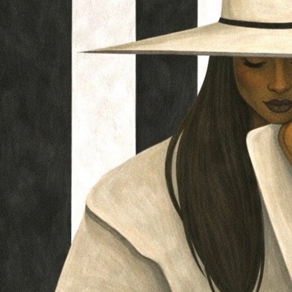 Close-up detail of a black woman portrait with striped background and hat.