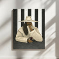 Minimalist black women portrait wall art with striped background.