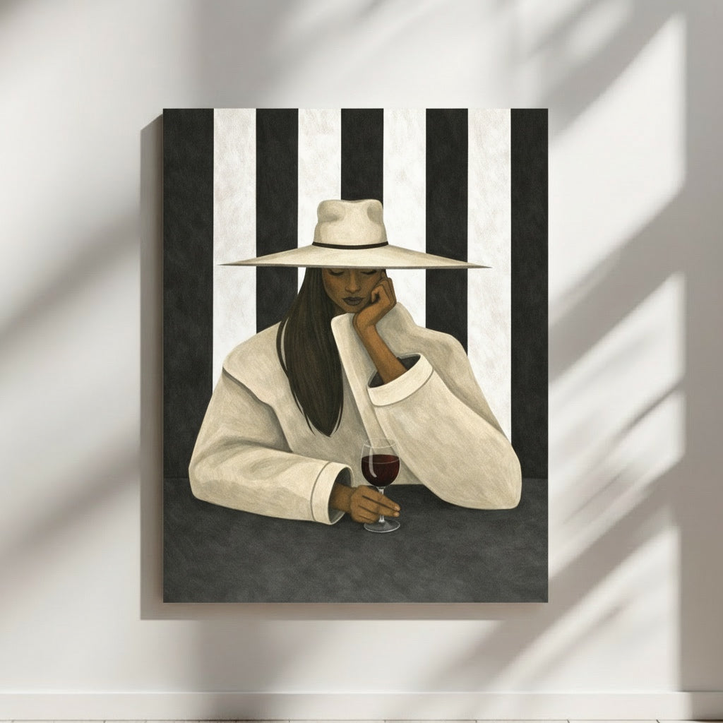 Minimalist black women portrait wall art with striped background.