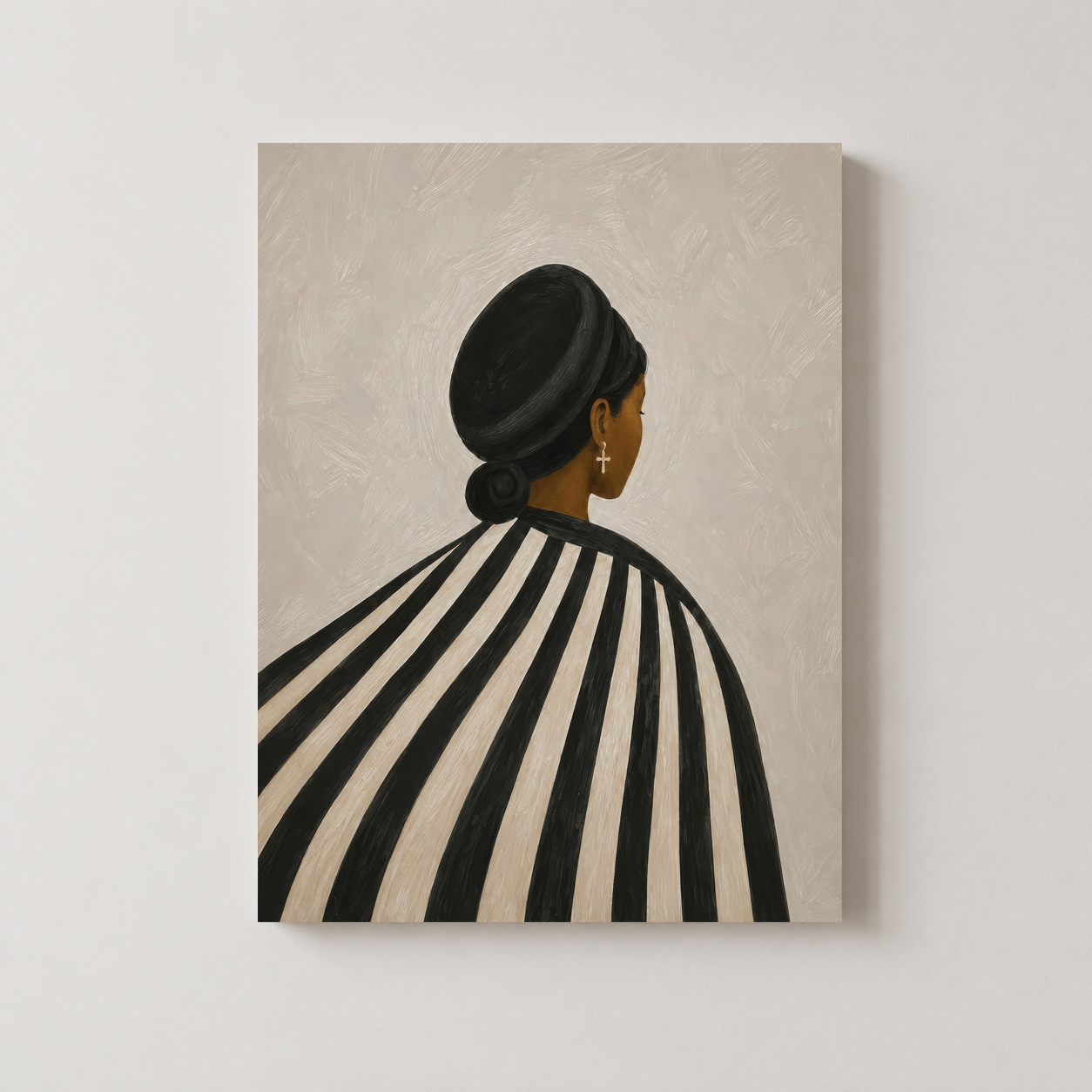Black Woman Canvas Wall Art – Afrocentric Striped Portrait