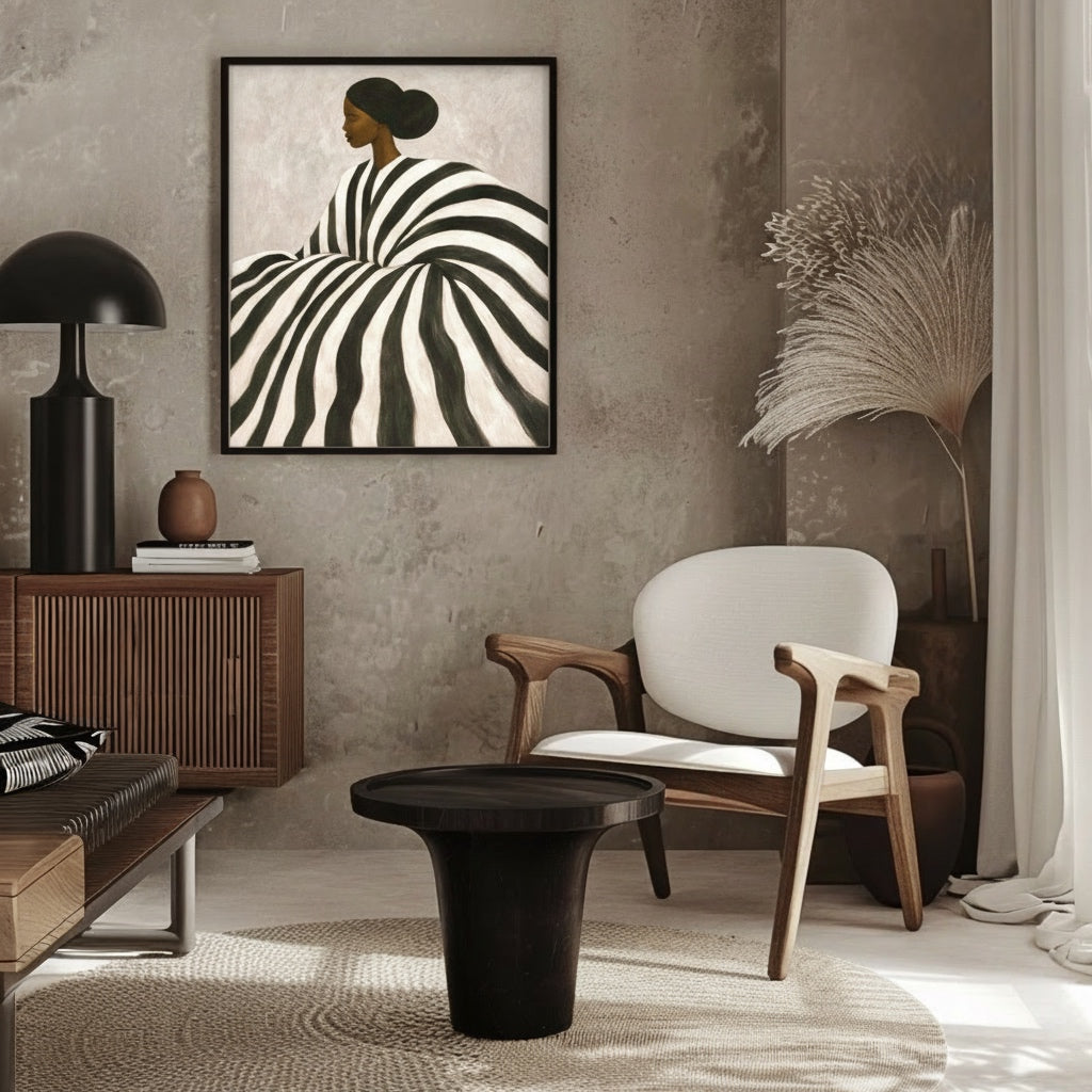 Afrocentric black woman wall art print with black and white striped portrait displayed in a modern living room