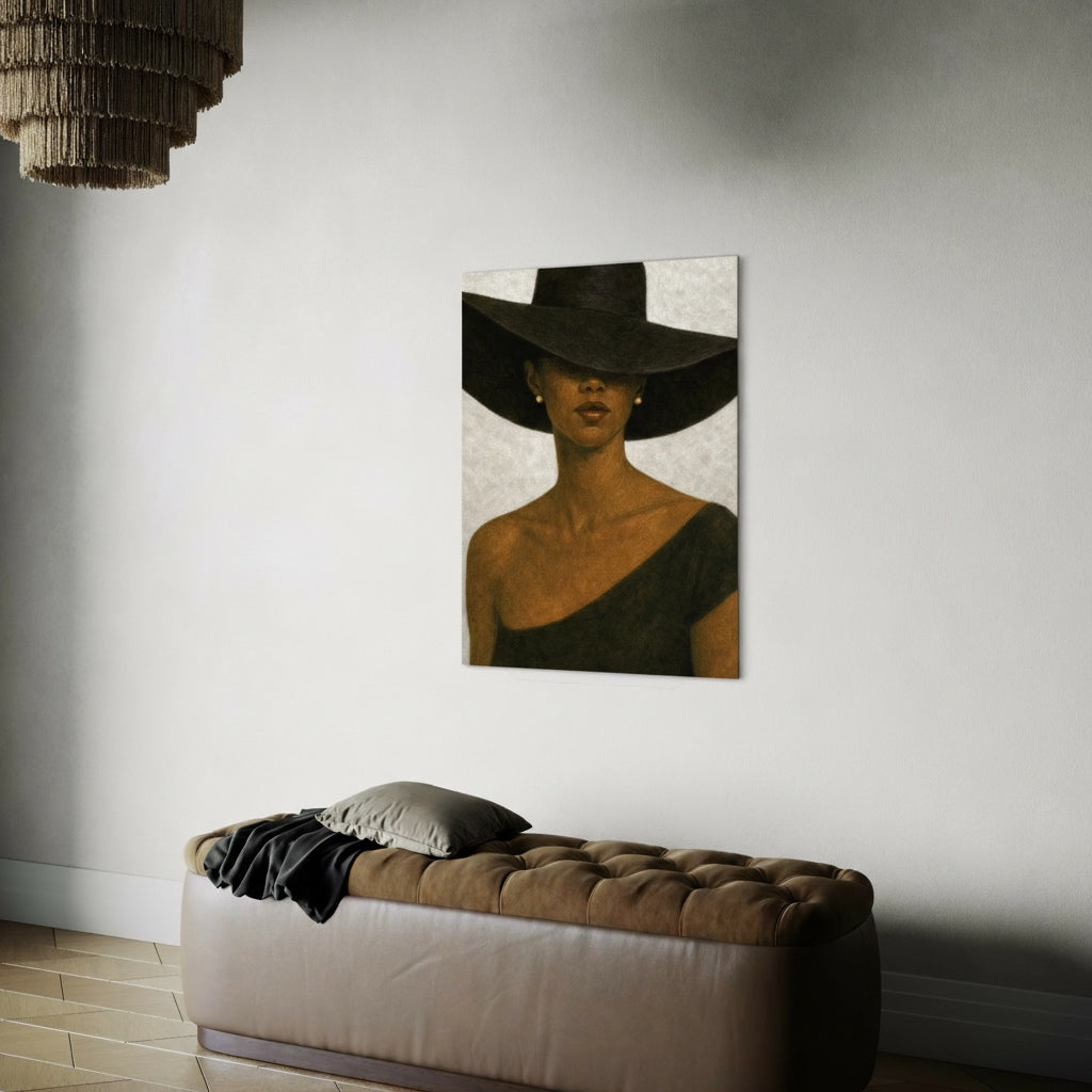 Black woman wall art hanging in a modern living room interior