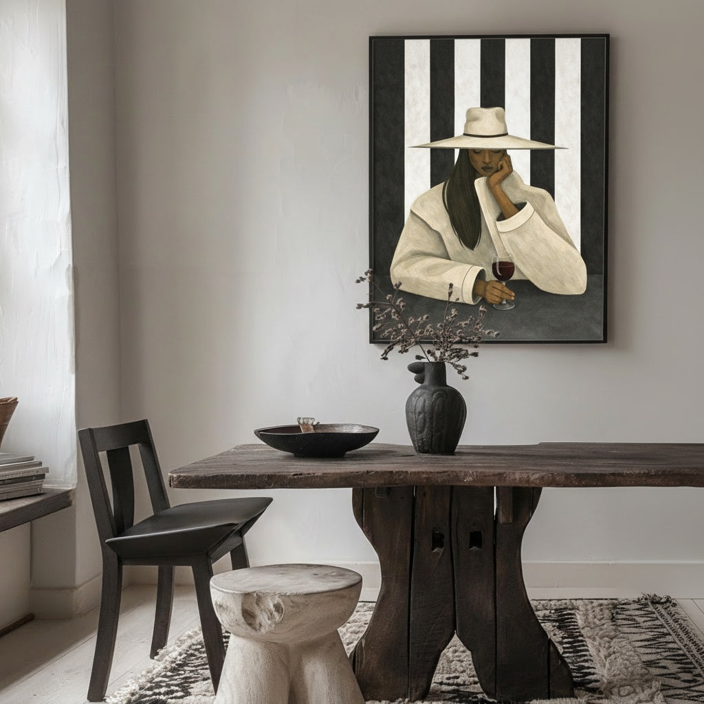 Black woman fashion wall art portrait with striped background displayed in a dining room interior. 