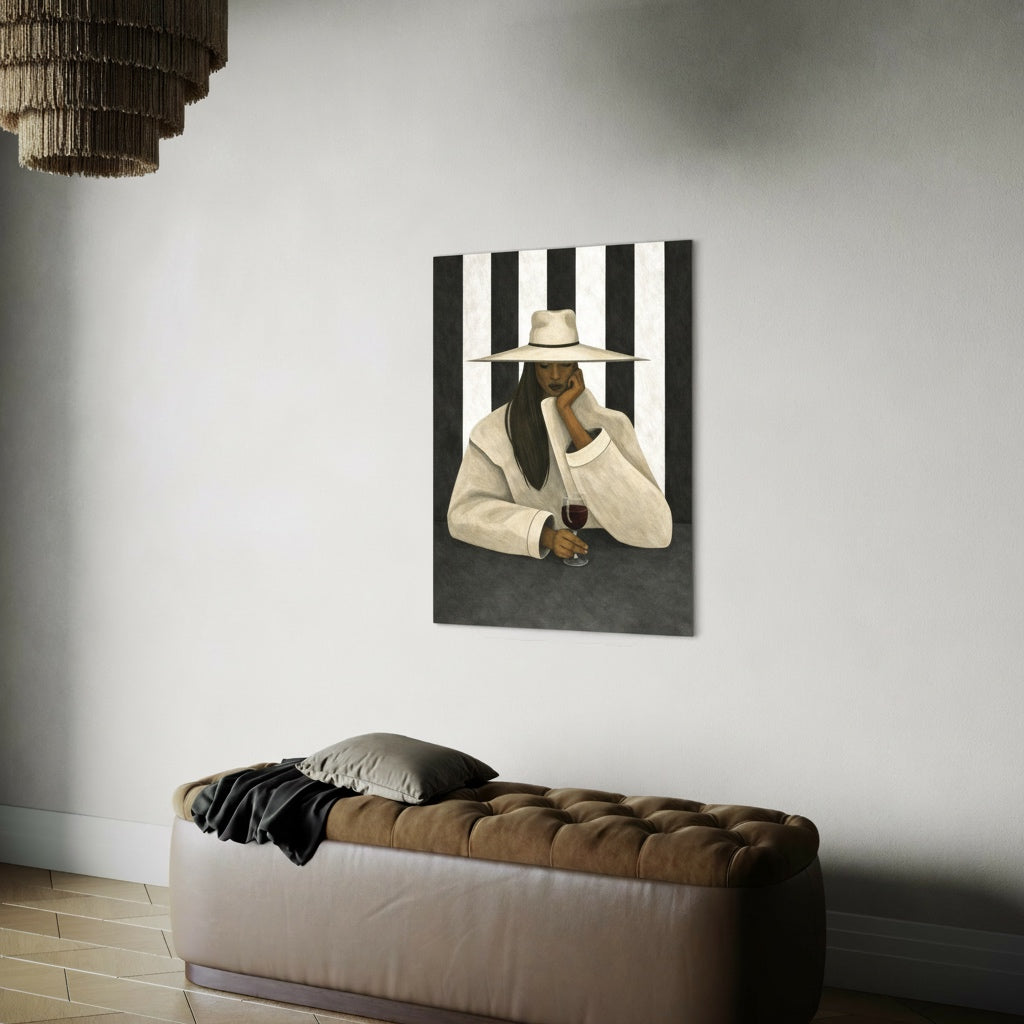 Black woman wall art print with striped background in a modern interior.