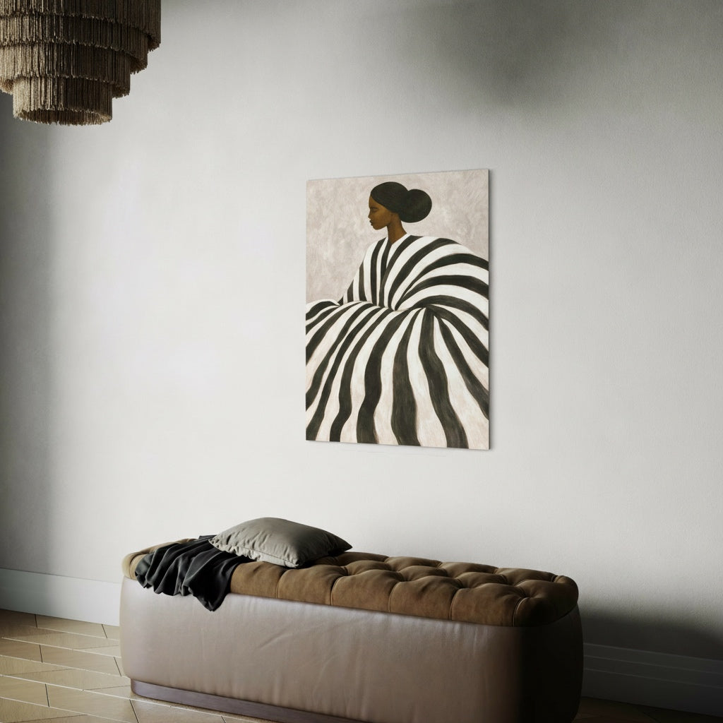 Black woman wall art featuring a striped Afrocentric portrait displayed above a bench in a modern interior