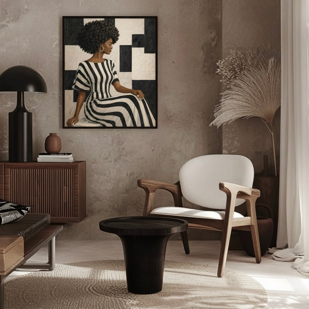 Modern portrait wall art displayed in a neutral interior above, featuring a Black woman in an abstract striped composition.
