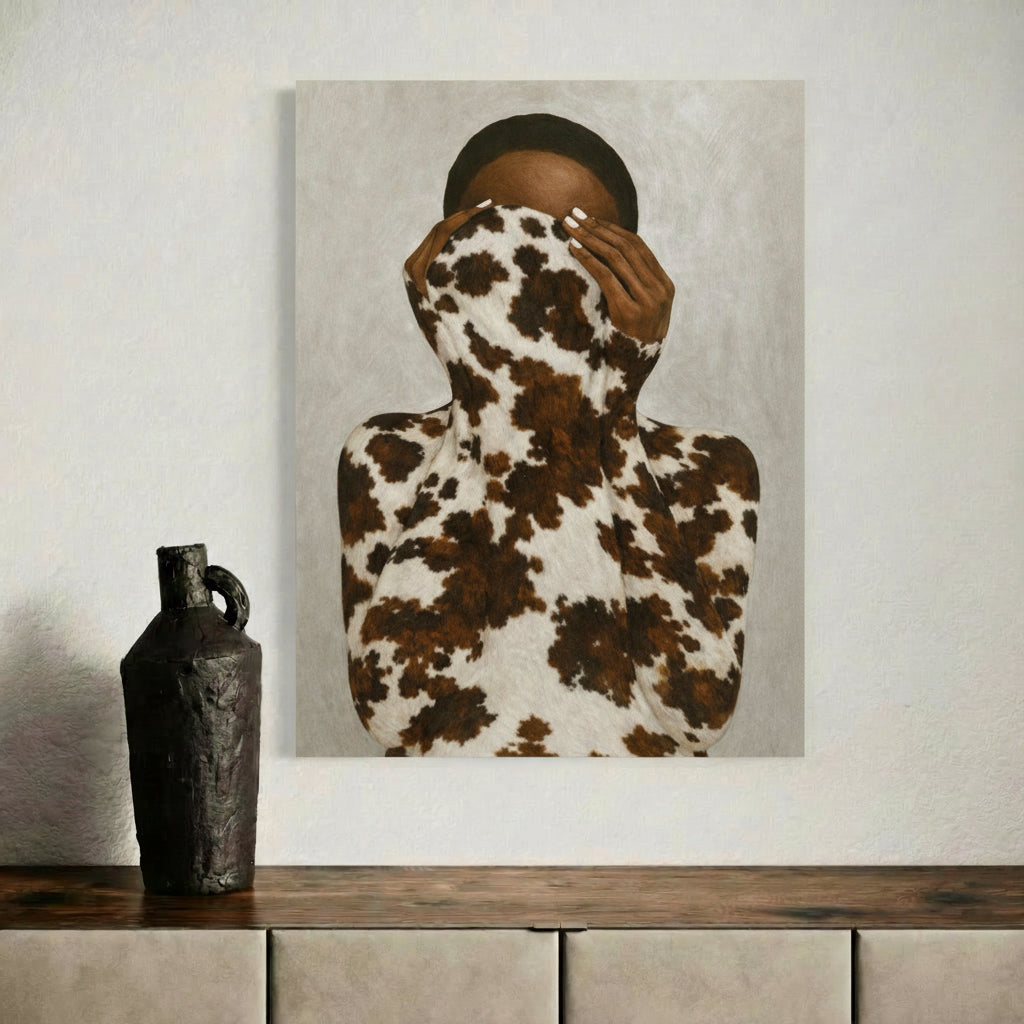 Afrocentric abstract cowhide pattern wall art styled in a minimalist gallery interior, emphasizing warmth, texture, and contemporary Black art.